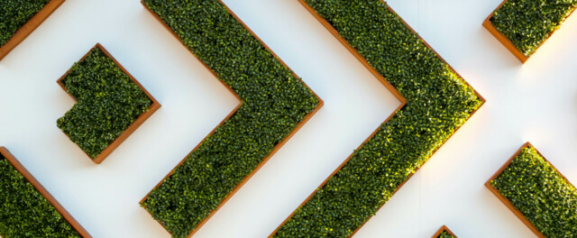 Abstract green wall installation in arrow shapes, symbolizing sustainable growth, progress, and future-focused B2B branding strategies.