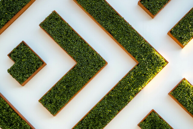 Abstract green wall installation in arrow shapes, symbolizing sustainable growth, progress, and future-focused B2B branding strategies.
