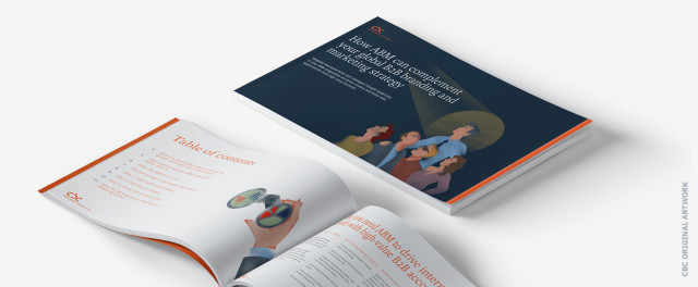 Image of an ABM eBook titled 'How ABM can complement your global B2B branding and marketing strategy,' featuring an illustrated cover with professionals under a spotlight. The open book displays a table of contents and an infographic about ABM strategies. Download the full guide at CBC Insights.