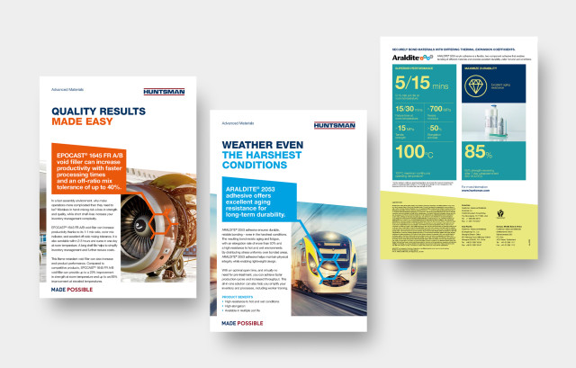 Huntsman Advanced Materials | CBC redesigned and rewrote multiple brochures, flyers and other sales materials to be aligned with the new brand identity