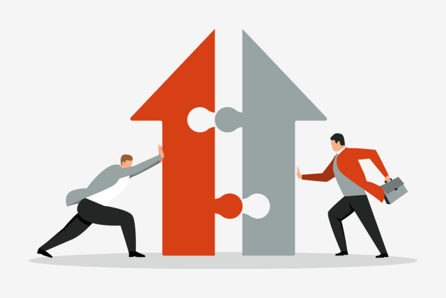 An illustration of two business professionals pushing two puzzle-piece arrows together, symbolizing the integration of companies after a merger or acquisition. The red and gray arrows represent strategic alignment and collaboration in post-merger branding