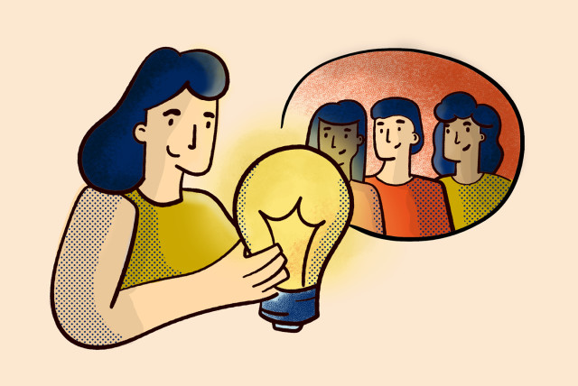 A stylized illustration of a woman holding a glowing light bulb, symbolizing a bright idea. A speech bubble shows three people, representing collaboration and idea-sharing in food processing marketing.