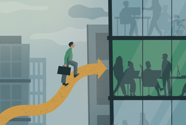 An illustration of a business professional walking on a yellow arrow pathway leading to a modern office building with large glass windows. Inside, silhouettes of employees are engaged in discussions and working at desks, symbolizing targeted marketing and business growth.