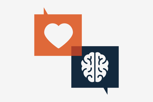 Minimalist illustration of two overlapping speech bubbles—one with a heart and the other with a brain—representing the balance between emotional and rational messaging in global B2B communication.