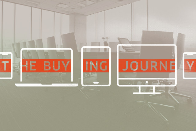 A conceptual illustration of the B2B buying journey, depicted through digital devices and an arrow guiding the process, symbolizing the role of digital transformation in modern marketing.