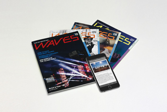 A collection of WAVES magazines by Brüel & Kjær, showcasing engaging content marketing in sound and vibration industries. A smartphone displaying an article highlights the brand’s multi-channel approach.