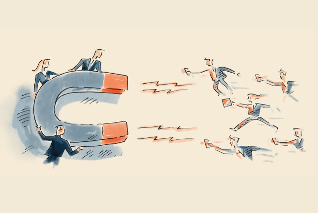 A hand-drawn illustration of a large magnet attracting business professionals holding mobile devices and briefcases, symbolizing effective B2B lead generation strategies.