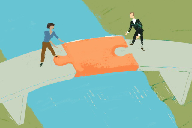 An abstract illustration of a man and a woman pushing a large puzzle piece into place, symbolizing the collaboration between sales and marketing teams to create a strong business strategy.