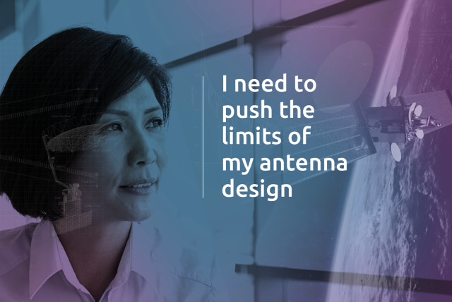 A futuristic B2B branding visual featuring a close-up of a woman looking towards the future, overlaid with satellite antenna schematics and a space satellite in orbit. The text reads, 
