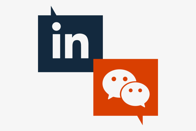 Abstract illustration of LinkedIn and WeChat icons in speech bubbles, representing global content strategy for B2B brands across different markets.
