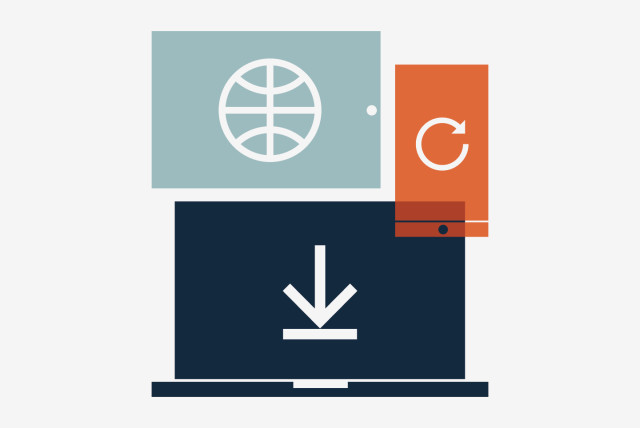 Abstract illustration of a laptop, tablet, and smartphone stacked together, featuring download, refresh, and global network icons—symbolizing seamless digital experiences for international B2B audiences.