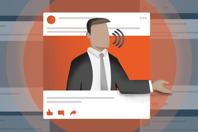 Illustration of a business professional speaking in a social media post, representing thought leadership in B2B marketing.