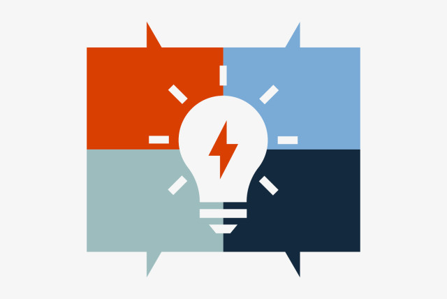 Abstract illustration of two overlapping speech bubbles, each divided into quadrants with different colors, containing a glowing light bulb with a lightning bolt—symbolizing powerful and adaptable B2B creative strategies.