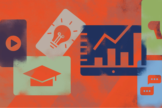 A vibrant digital illustration featuring content marketing elements such as a bar chart on a tablet, a lightbulb icon, a video play button, a graduation cap, a megaphone, and a chat bubble, symbolizing different aspects of B2B content marketing strategy.