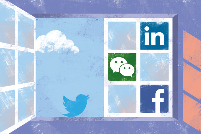 A stylized illustration of windows featuring social media icons, including LinkedIn, WeChat, Facebook, and Twitter, symbolizing digital communication and relationship-building in uncertain times.