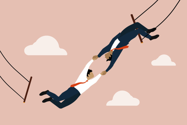 Illustration of two business professionals performing a trapeze act, symbolizing trust and collaboration in B2B branding.