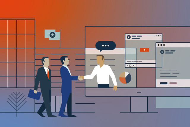 Illustration of business professionals engaging in both digital and in-person brand interactions, highlighting the fusion of online and offline B2B marketing.