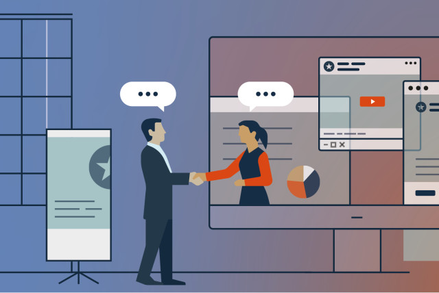 Illustration of two business professionals shaking hands inside a digital interface, symbolizing trust and connection in B2B branding.