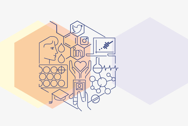 A illustration featuring scientific and digital elements, including a face, molecular structures, social media icons, and healthcare symbols, representing engagement in B2B life science and healthcare industries.