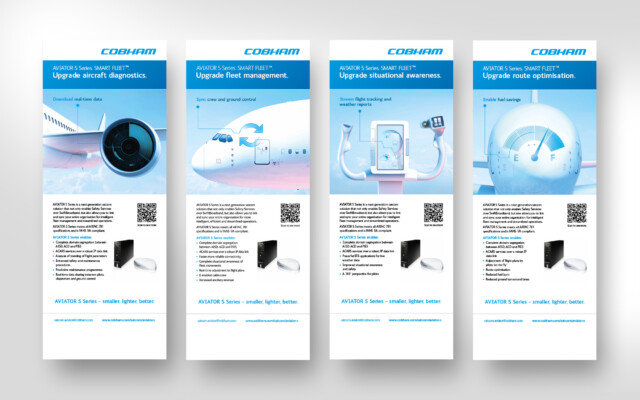 Cobham | As Cobham Satcom is very active at events and tradeshows, CBC also created a series of roll ups to showcase the campaign and key USPs | CBC