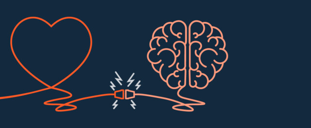 Illustration of a heart and brain connected by a cable, symbolizing the fusion of emotion and logic in purpose-driven B2B branding.