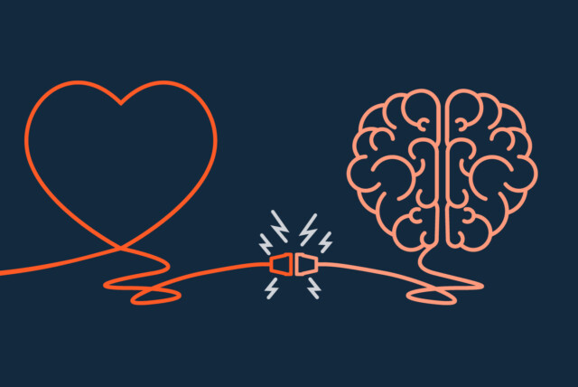 Illustration of a heart and brain connected by a cable, symbolizing the fusion of emotion and logic in purpose-driven B2B branding.