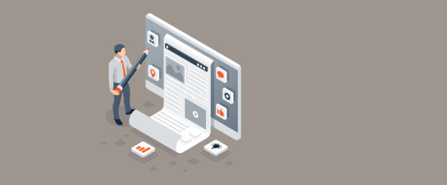 Illustration of a business professional creating digital content on a large screen, symbolizing the importance of high-quality B2B content strategy.