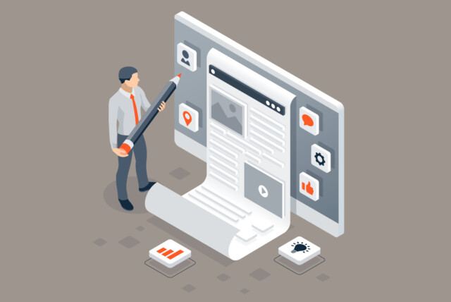 Illustration of a business professional creating digital content on a large screen, symbolizing the importance of high-quality B2B content strategy.