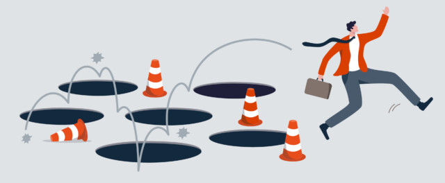 Illustration of a businessman leaping over obstacles and pitfalls, symbolizing the common challenges in Account-Based Marketing (ABM) success.