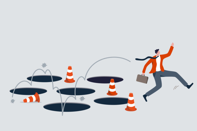 Illustration of a businessman leaping over obstacles and pitfalls, symbolizing the common challenges in Account-Based Marketing (ABM) success.