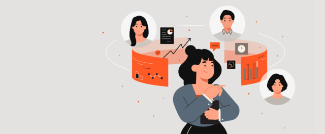 Illustration of a businesswoman analyzing data and communicating with different stakeholders, representing the complexity of B2B buying centres and decision-making processes.