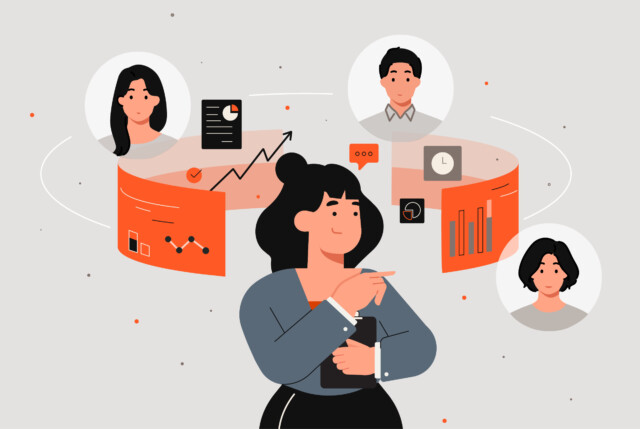 Illustration of a businesswoman analyzing data and communicating with different stakeholders, representing the complexity of B2B buying centres and decision-making processes.