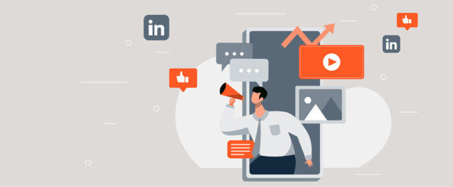 CBC drawing in grey and orange colours depicting social media icons and symbols and a man in the middle with a megaphone. Format 1440 x 595 px