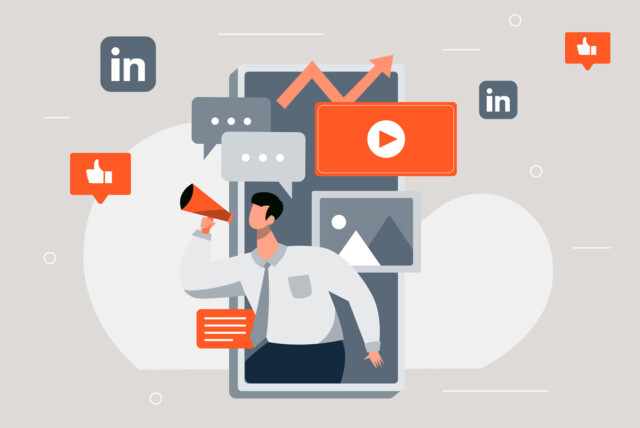 Drawing in grey and orange colours depicting social media icons and symbols and a man in the middle with a megaphone.