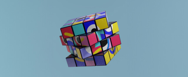 A colorful, twisted Rubik’s Cube symbolizing the complexity and creativity involved in building a strong B2B brand identity.