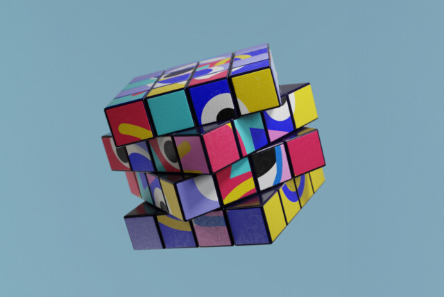 A colorful, twisted Rubik’s Cube symbolizing the complexity and creativity involved in building a strong B2B brand identity.