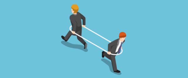 How marketing can win the B2B budget battle illustration with two people in a circle going different directions 3000x1240px