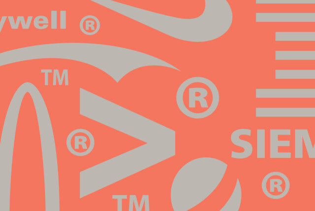 Orange background with grey logo cut-outs in a graphic pattern