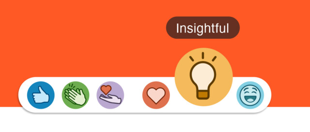 Graphic with an orange background showing various reaction icons from LinkedIn, including thumbs up, clapping hands, heart, and a light bulb with the label ‘Insightful’.
