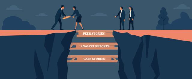 Four B2B professionals standing on opposite cliffs separated by a gap, with three wooden bridges connecting the two sides to symbolize building trust