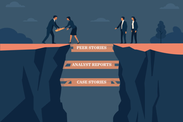 Four B2B professionals standing on opposite cliffs separated by a gap, with three wooden bridges connecting the two sides to symbolize building trust