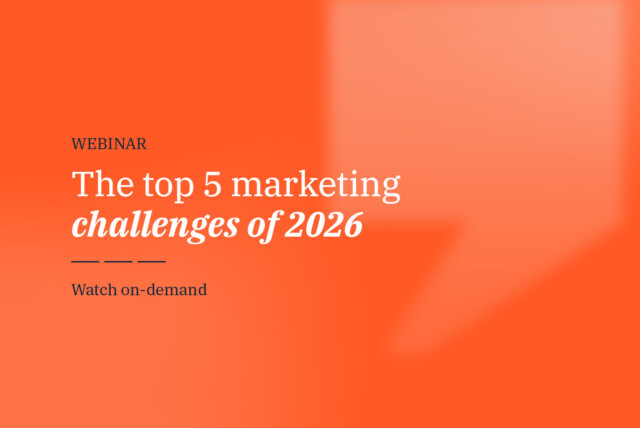 Orange background with text overlay: Webinar, the top 5 marketing challenges of 2026, watch on-demand.